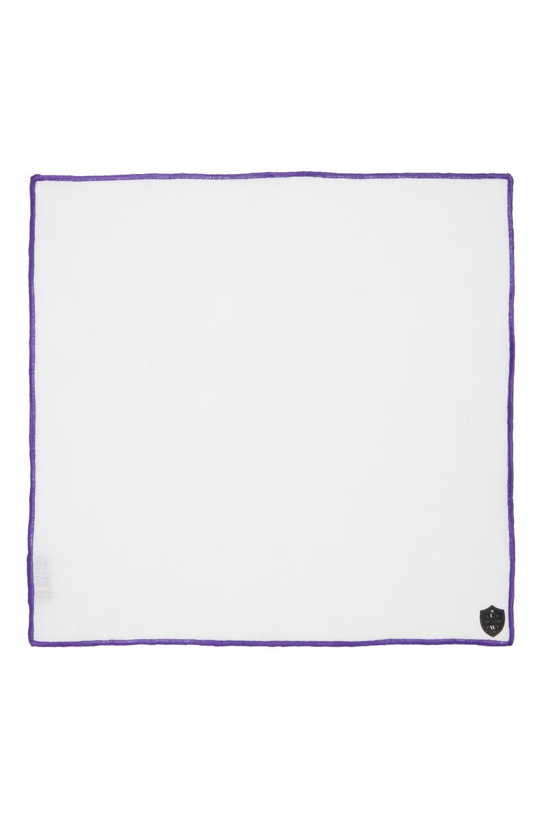 White Linen Pocket Square with Purple Trim, Alternate, color, PURPLE