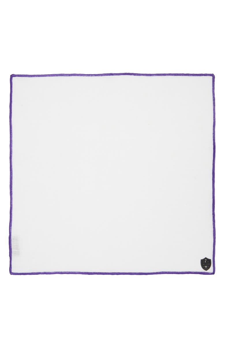 CLIFTON WILSON White Linen Pocket Square with Purple Trim, Alternate, color, Purple