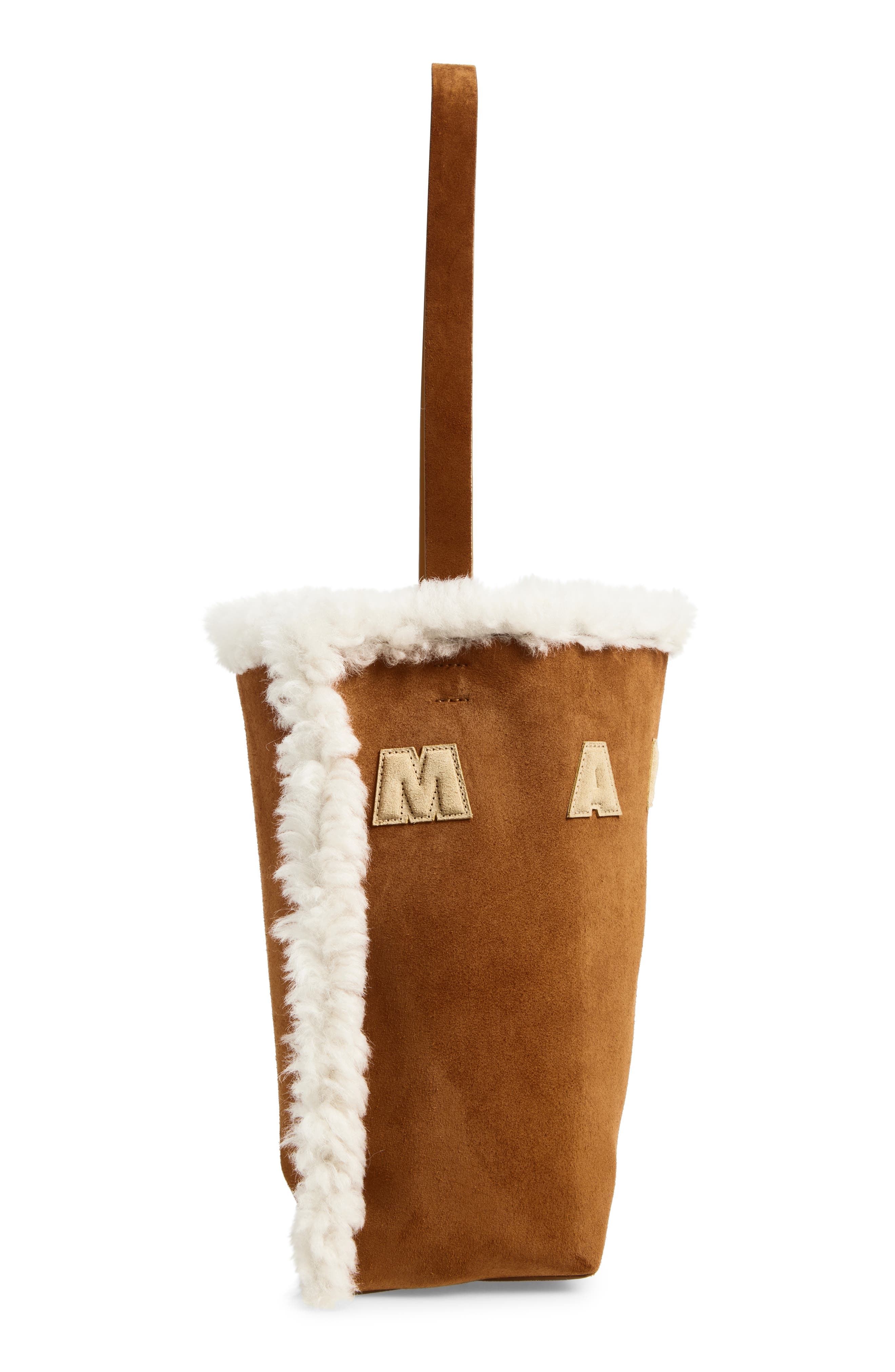 Marni Mini Museo Suede & Genuine Shearling Hobo Bag, Alternate, color, Candied Ginder/ Lily White