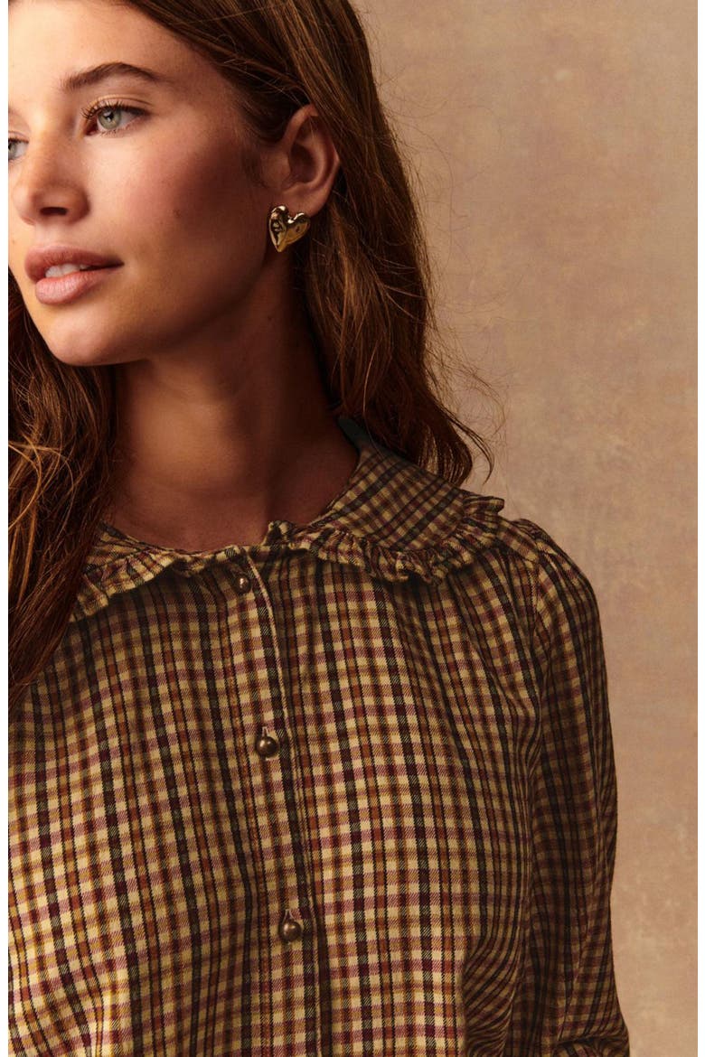 Check Ruffle Collar Button-Up Shirt, Alternate, color, BROWN