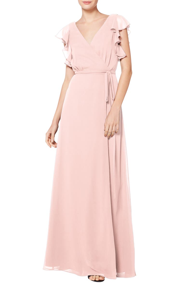 Ruffle Sleeve Chiffon Wrap Gown, Main, color, PETAL PINK