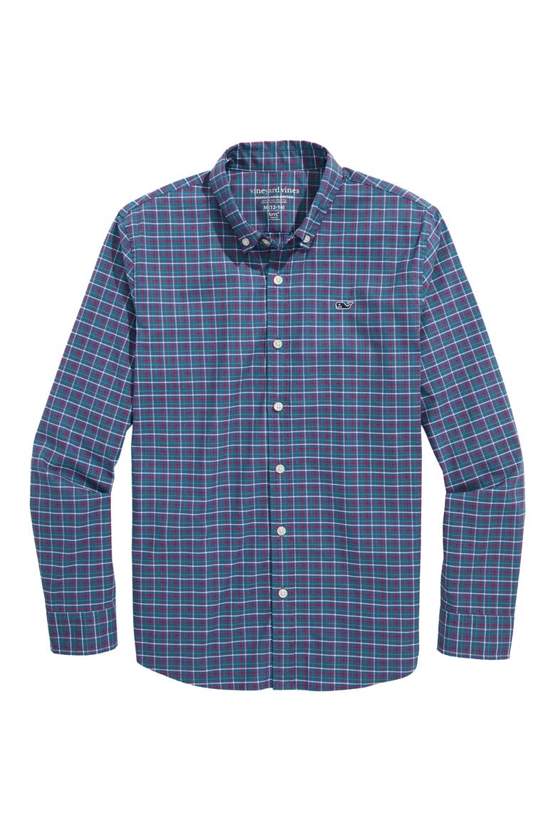Kids' Wauwinet Tattersall Check Performance Cotton Blend Button-Down Shirt, Main, color, MOONSHINE