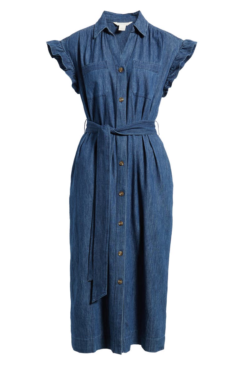 Tie Waist Denim Midi Dress, Alternate, color, DARK WASH
