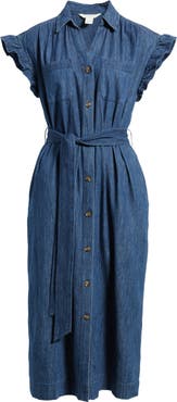 Caslon® Tie Waist Denim Midi Dress