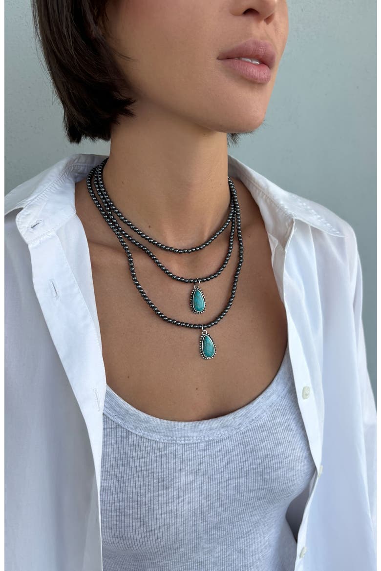 Gunmetal Tone Bead & Simulated Turquoise Layered Necklace, Alternate, color, BLUE/ SILVER