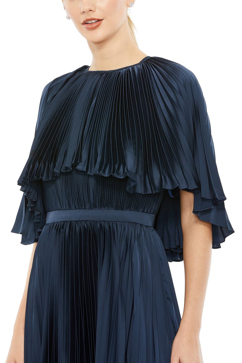 Pleated Capelet Tea-Length Dress, Alternate, color, MIDNIGHT