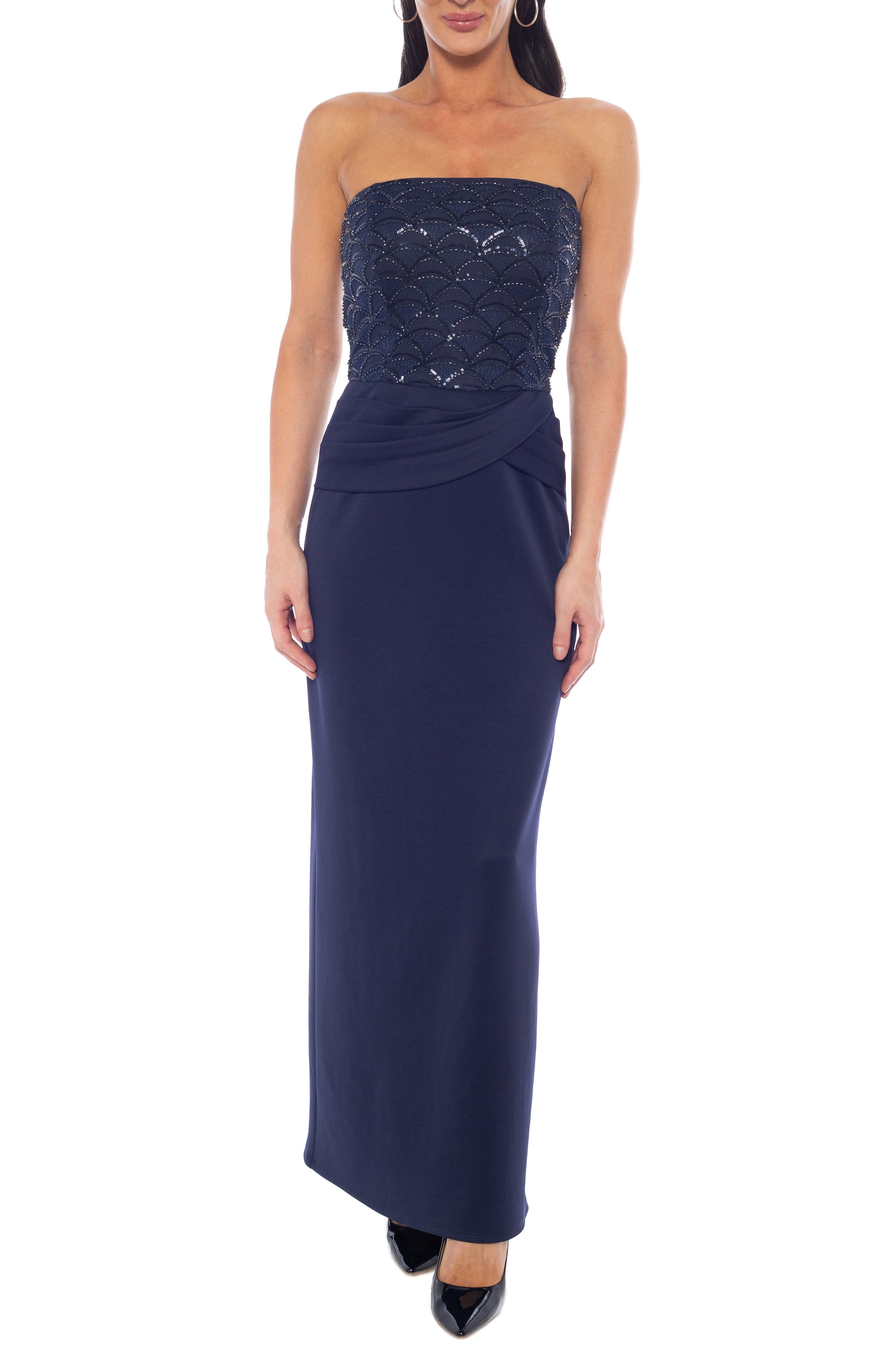 Strapless Scallop Bead Mesh Gown