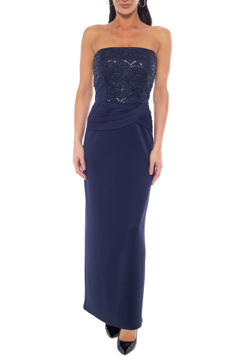 Strapless Scallop Bead Mesh Gown, Main, color, NAVY