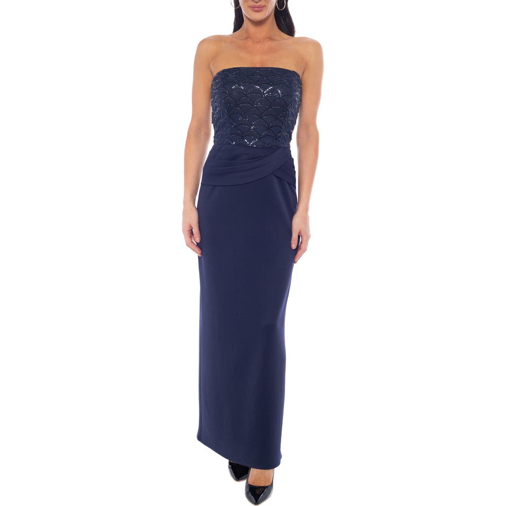 Oleg Cassini Strapless Scallop Bead Mesh Gown In Blue