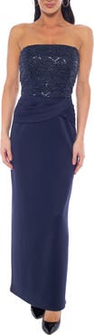 Oleg Cassini Strapless Scallop Bead Mesh Gown