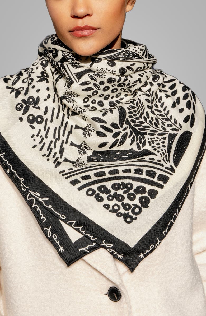 Jessie Zhao New York Double Sided Wool Silk Scarf Of Black Garden, Alternate, color, Black