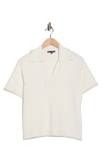 Adrianna Papell Frayed Edge Johnny Collar Polo In White