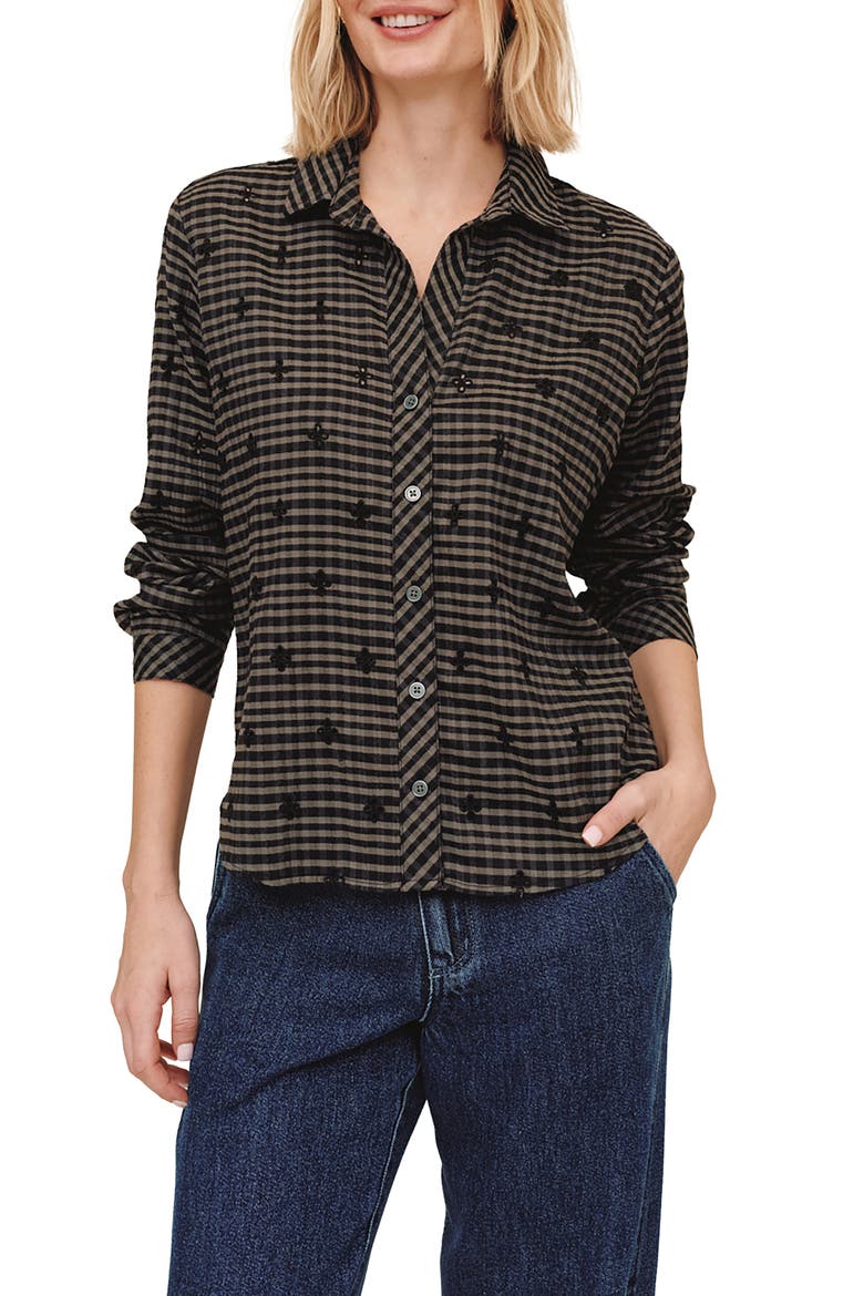 Eyelet Gingham Shirt, Main, color, BLACK/ OLIVE GINGHAM