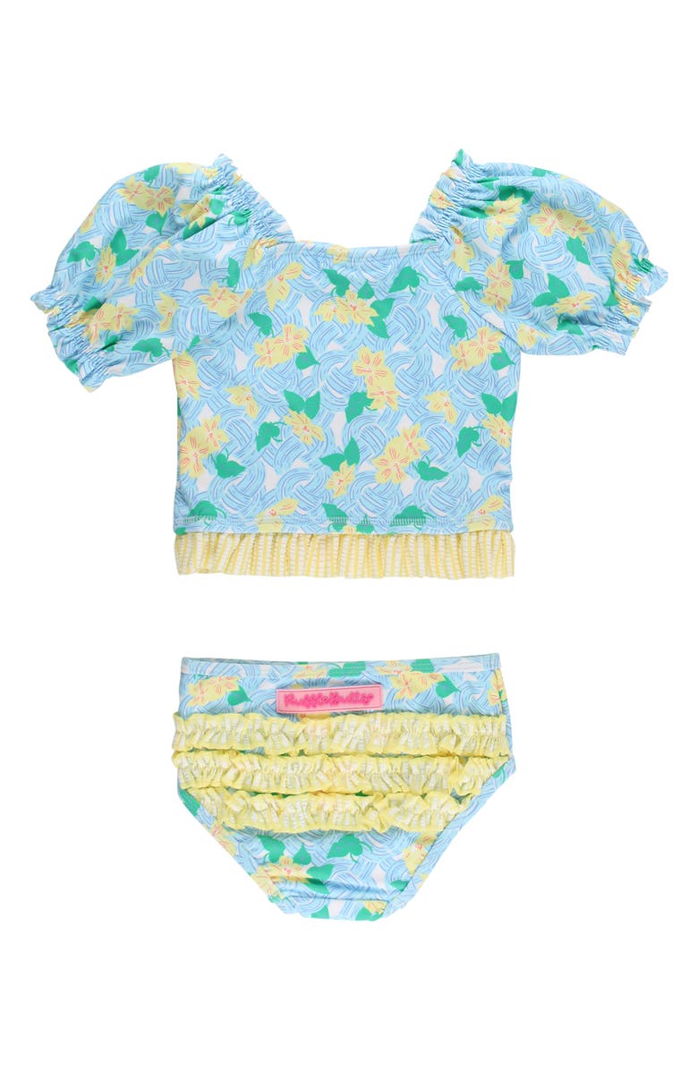 RuffleButts Kids' Blooming Basket Puff Sleeve Ruffle Two-Piece Swimsuit, Alternate, color, Blue