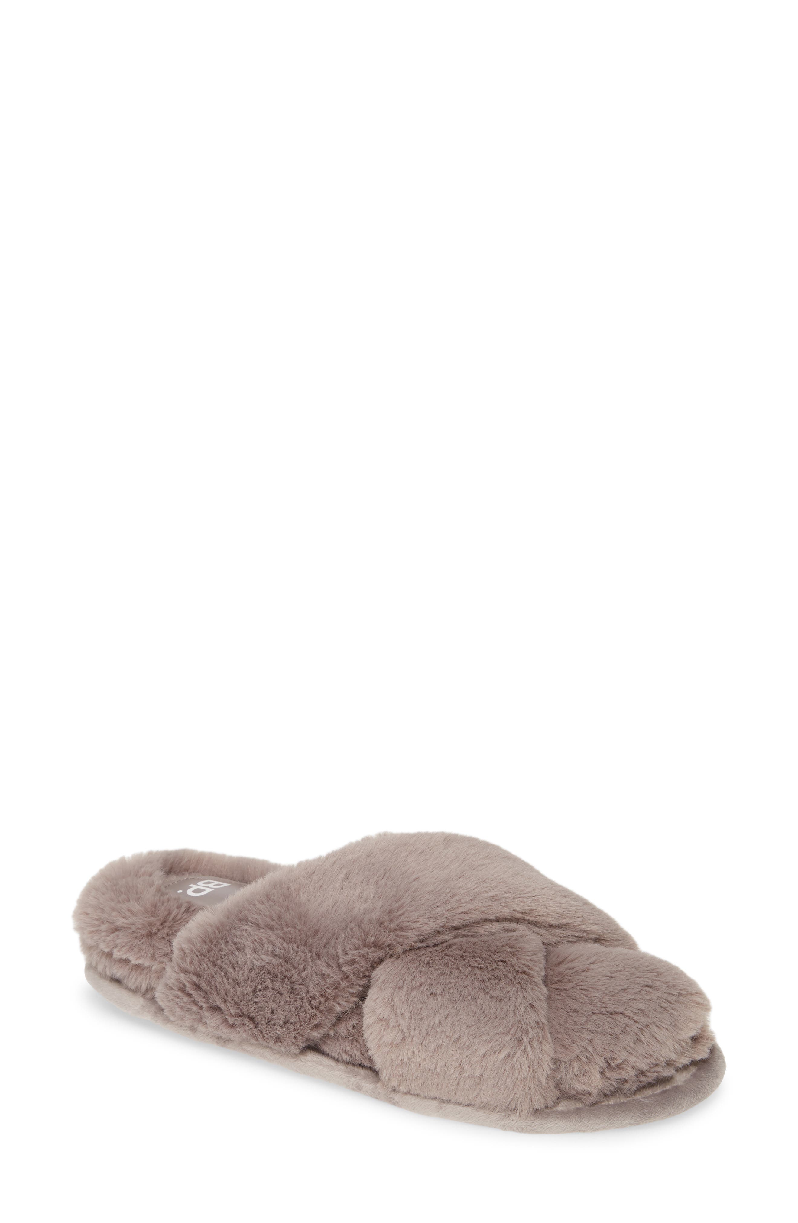 Sophie Criss Cross Plush Bedroom Slipper, Main, color, GREY FAUX FUR