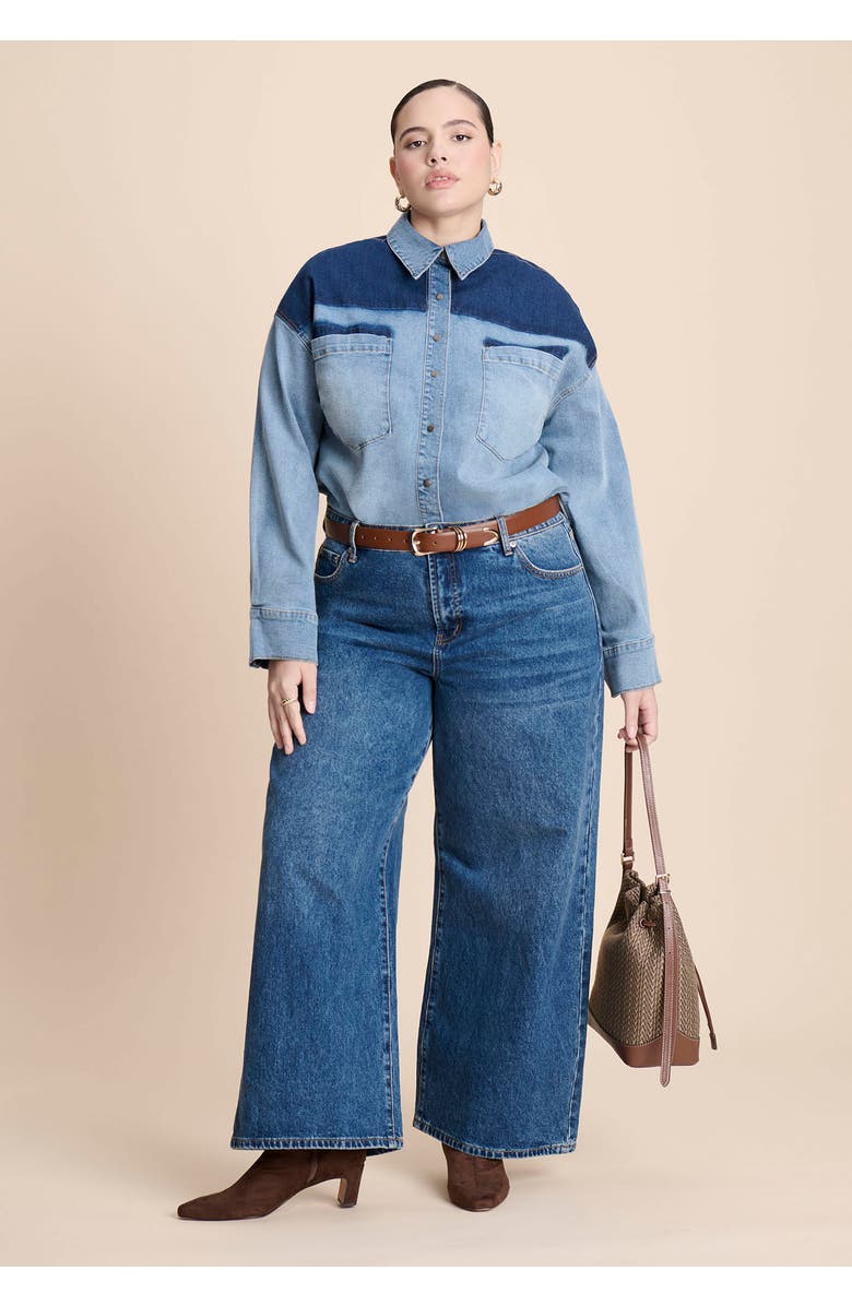 ELOQUII Denim Trucker Shirt, Alternate, color, Indigo With Light Wash