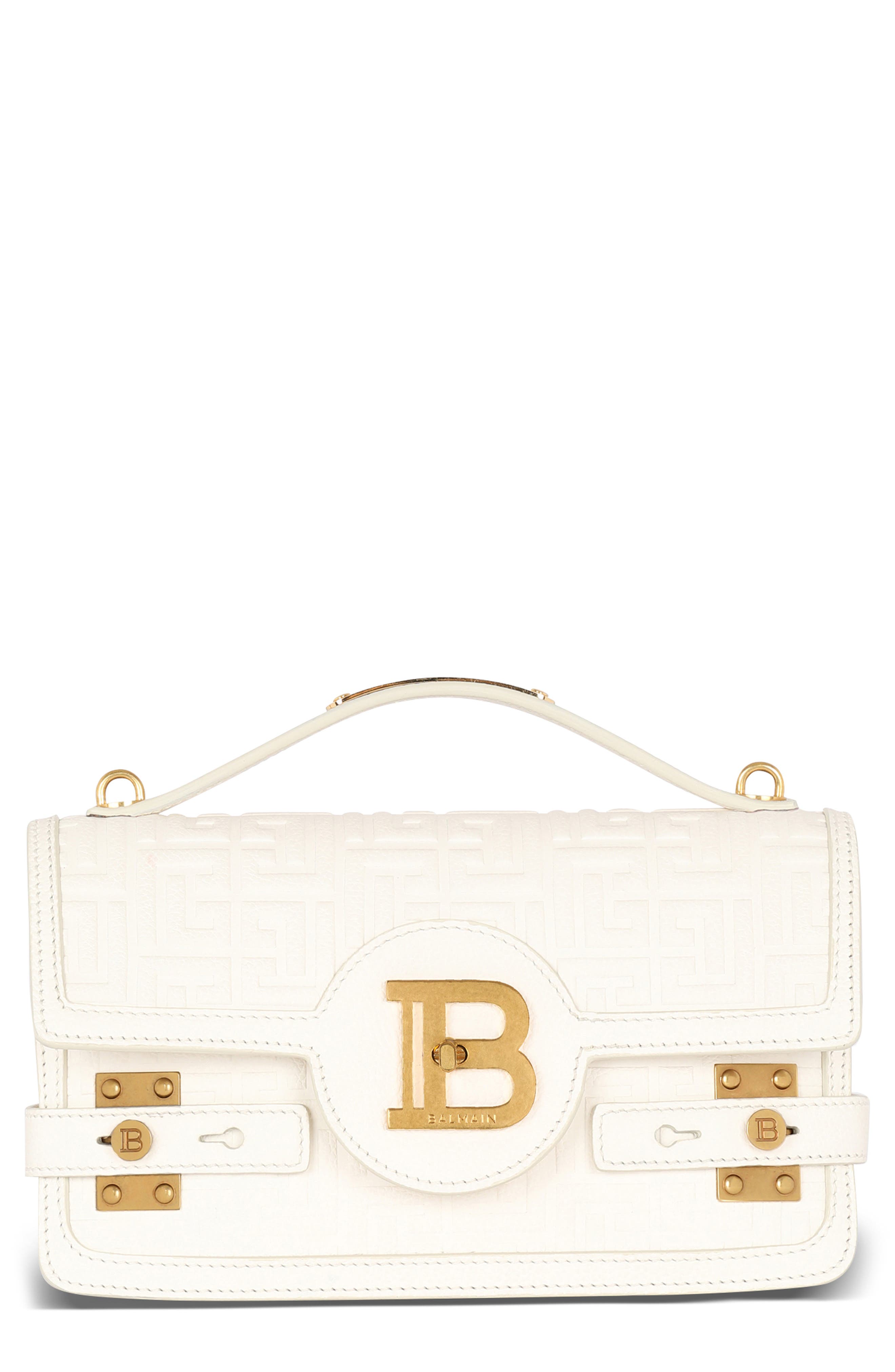 Balmain B-Buzz 24 Monogram Embossed Leather Top Handle Bag, Main, color, 