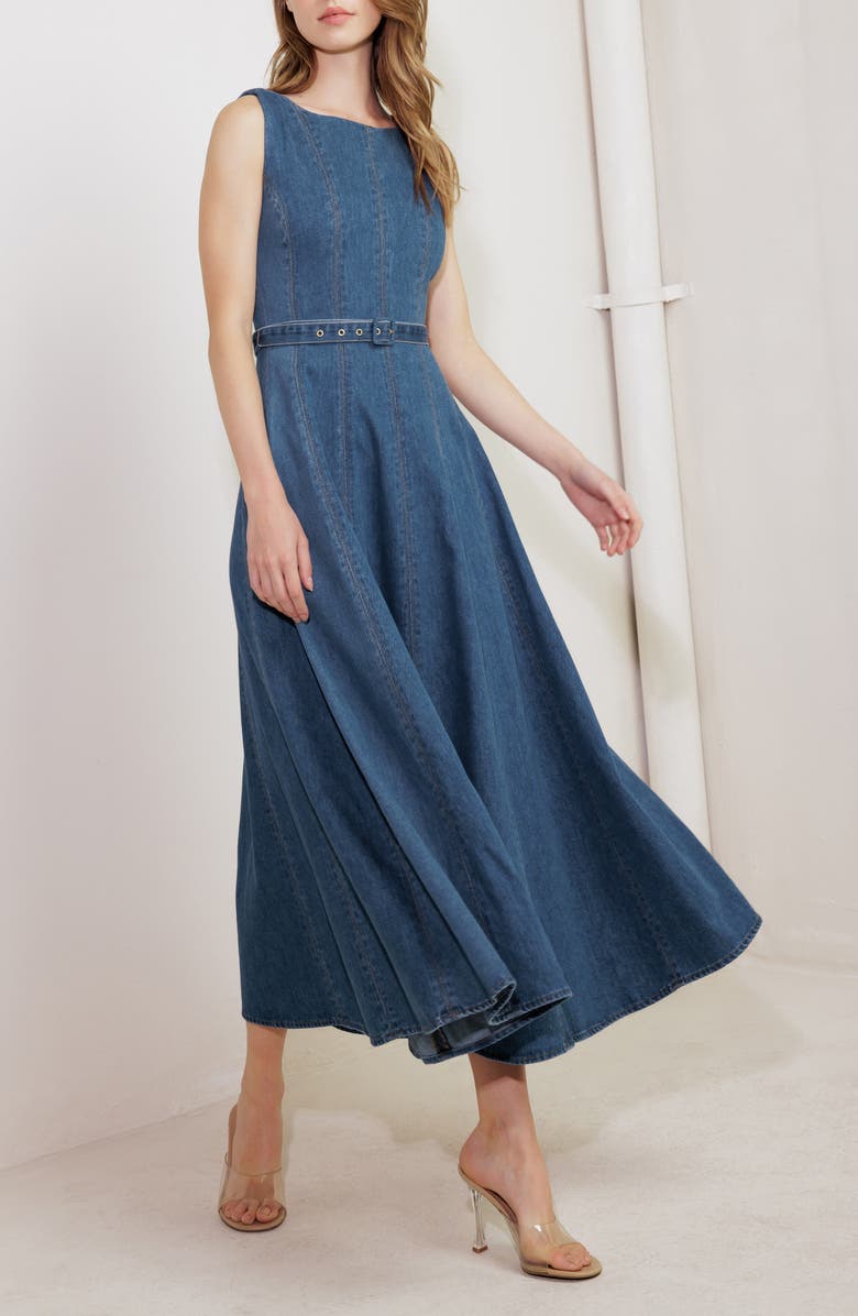 FREEMARKET Belted Seamed Denim Flare Maxi Dress, Alternate, color, 