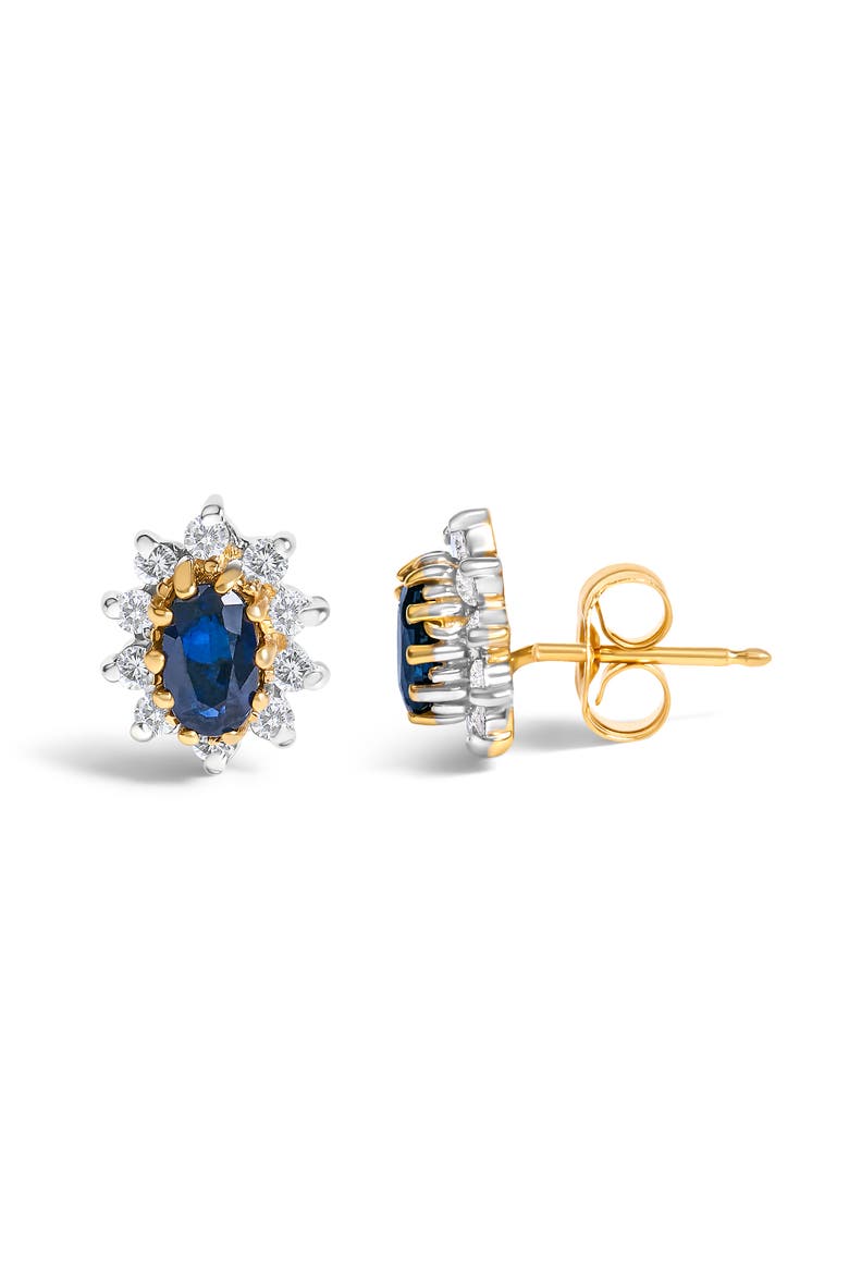 14K Yellow Gold 1/4 Cttw Diamond and Sapphire Sunburst Halo Stud Earrings, Alternate, color, Yellow
