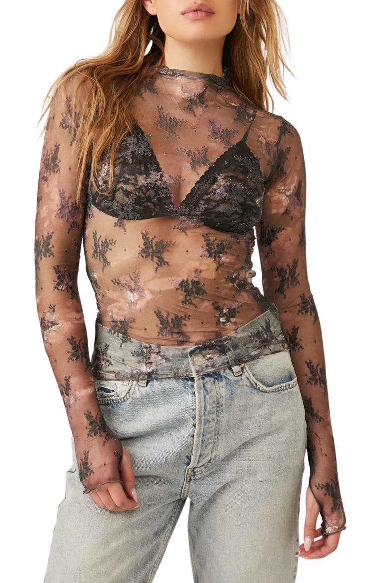 Printed Lady Sheer Embroidered Long Sleeve Top, Main, color, NIGHT SKY COMBO