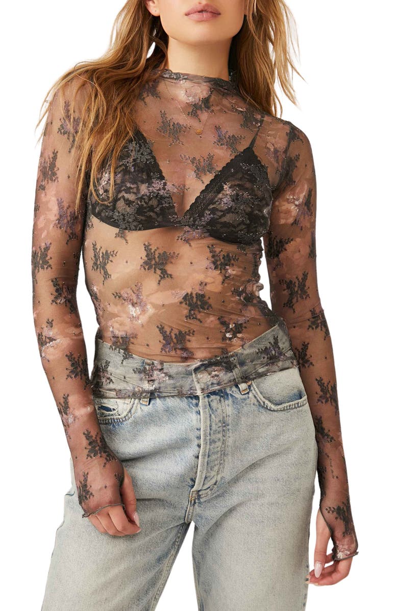 Free People Printed Lady Sheer Embroidered Long Sleeve Top, Main, color, 