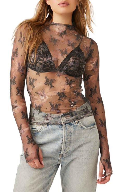 Printed Lady Sheer Embroidered Long Sleeve Top