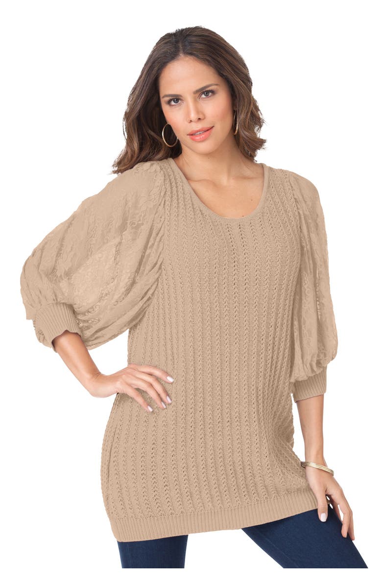 Roaman's Lace Sleeve Sweater, Main, color, New Khaki