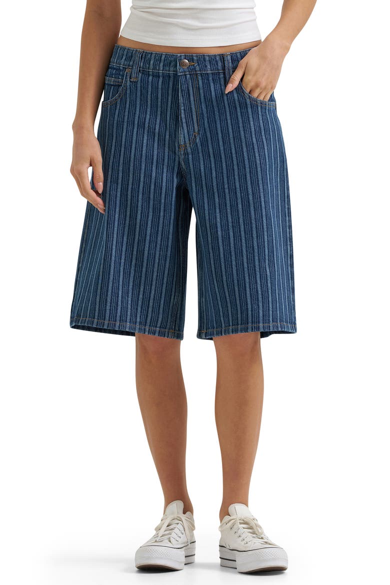 Stripe Mid Rise Loose Long Denim Shorts, Main, color, SONIC SPEED