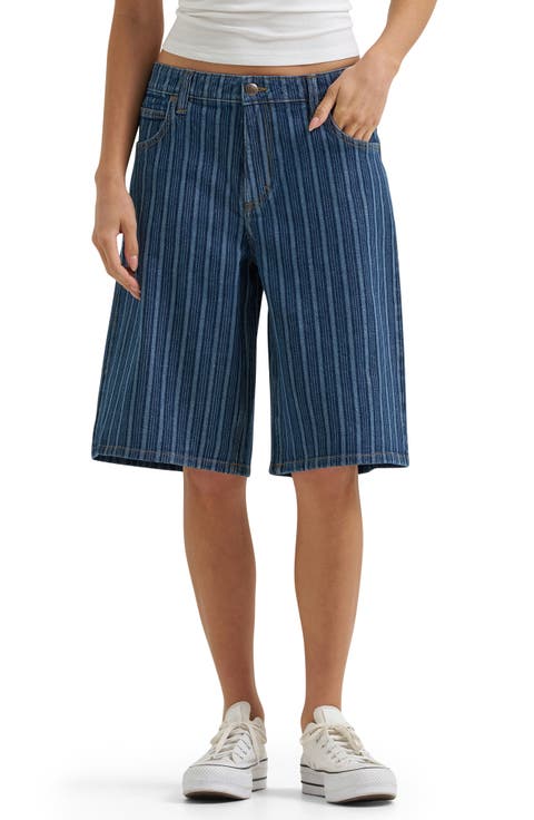 Stripe Mid Rise Loose Long Denim Shorts (Sonic Speed)