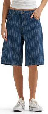 Lee Stripe Mid Rise Loose Long Denim Shorts