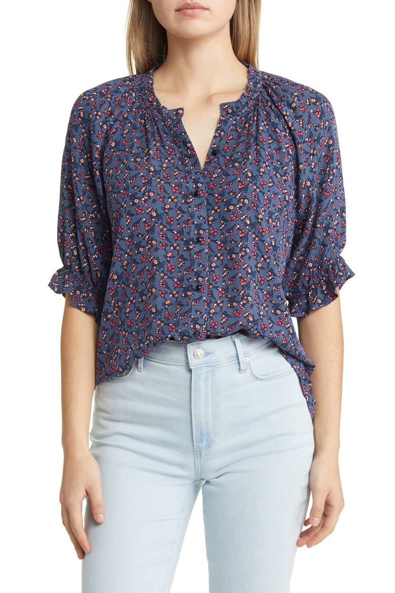 Print Ruffle Blouse, Main, color, DENIM DITSY