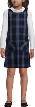 Lands' End Girls Plaid Button Shoulder Patch Pocket Jumper