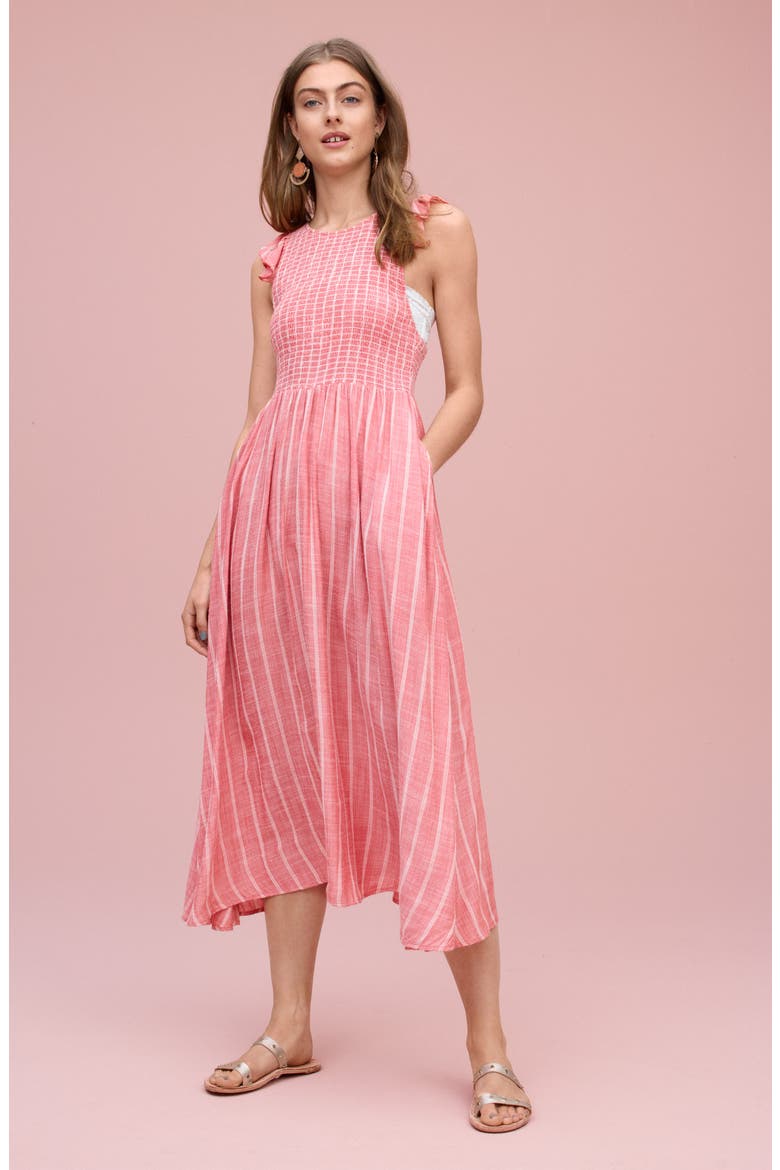Butterflies Chambray Midi Dress, Alternate, color, GREEN STRIPE