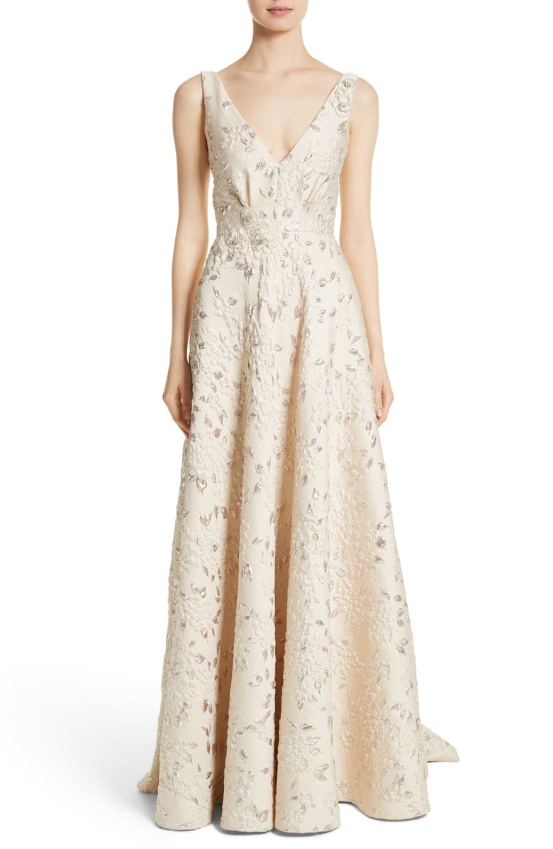 Carmen Marc Valvo Couture Reembroidered Cloqué Gown, Main, color,