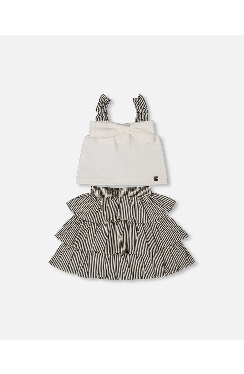 Deux par Deux Little Girl's Bow Top And Ruffled Skirt Set White And Black Striped, Main, color, 