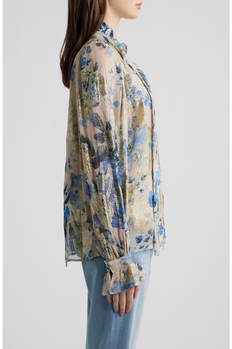 Josie Metallic Floral Ruffle Button-Up Shirt, Alternate, color, BLUE MULTI