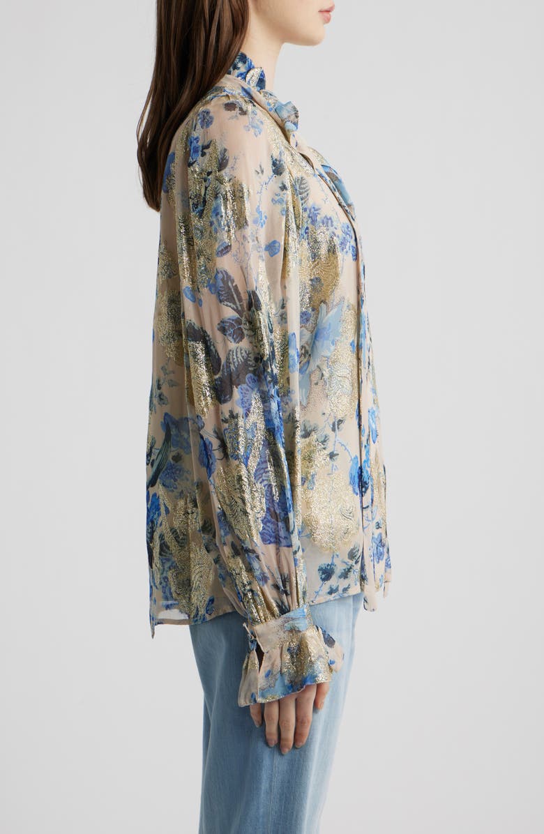 KOBI HALPERIN Josie Metallic Floral Ruffle Button-Up Shirt, Alternate, color, Blue Multi