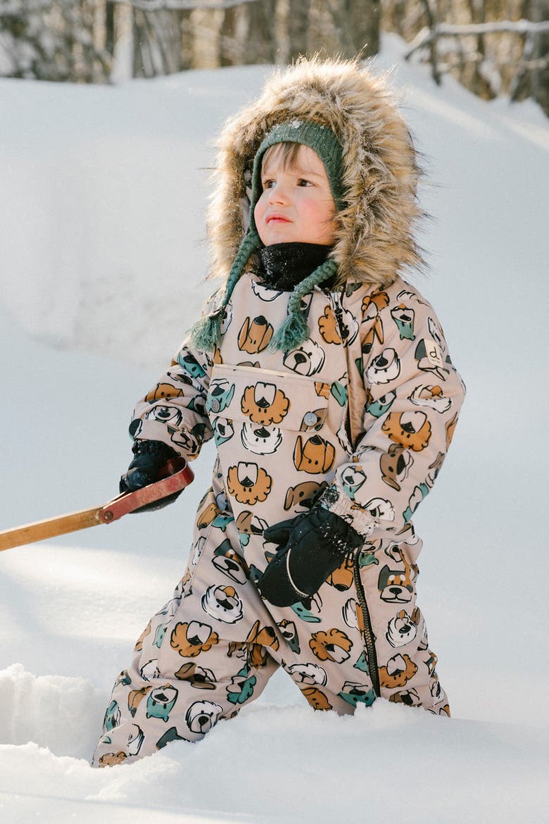 Play Dog Faux Fur Hood Car Seat One Piece Snowsuit, Alternate, color, Beige Printed with Dogs