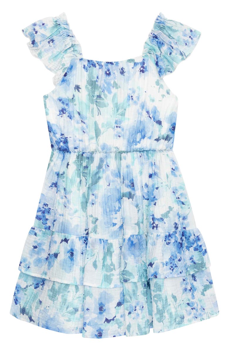 Speechless Kids' Watercolor Print Dress & Headband, Alternate, color, Ivory/Blue Jm