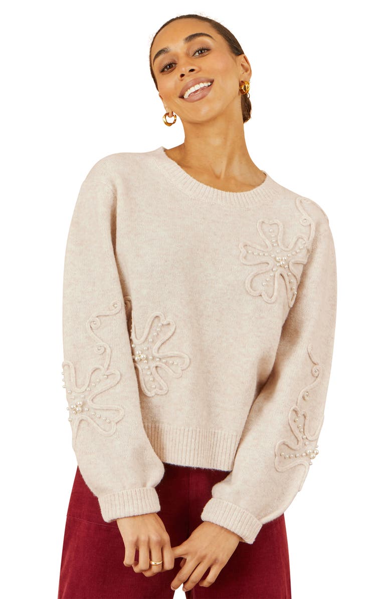 Yumi Floral Applique Sweater, Alternate, color, Oatmeal