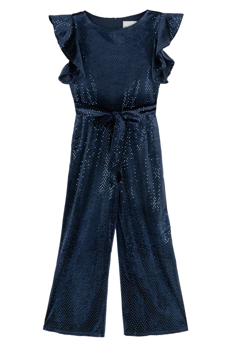 Kids' Sequin Velvet Flutter Sleeve Jumpsuit, Main, color, NAVY