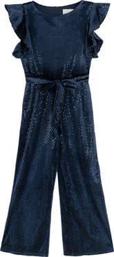 Rare Editions Kids' Sequin Velvet Flutter Sleeve Jumpsuit