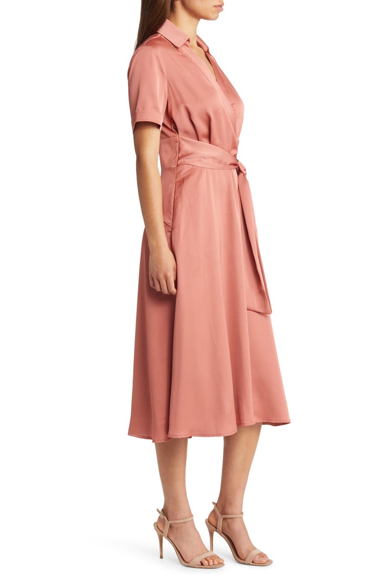 Short Sleeve Tie Waist Satin Midi Dress, Alternate, color, ROSE HIP