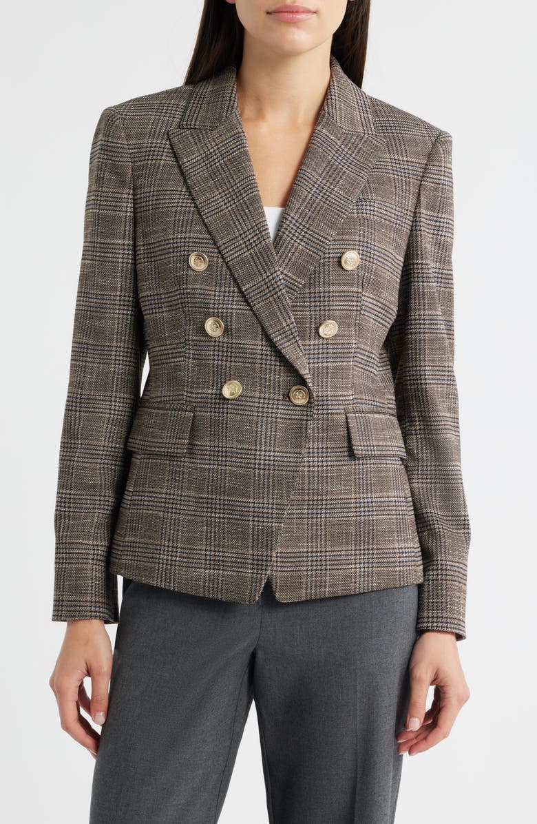 Tahari ASL Plaid Double Breasted Blazer, Alternate, color, Espresso I
