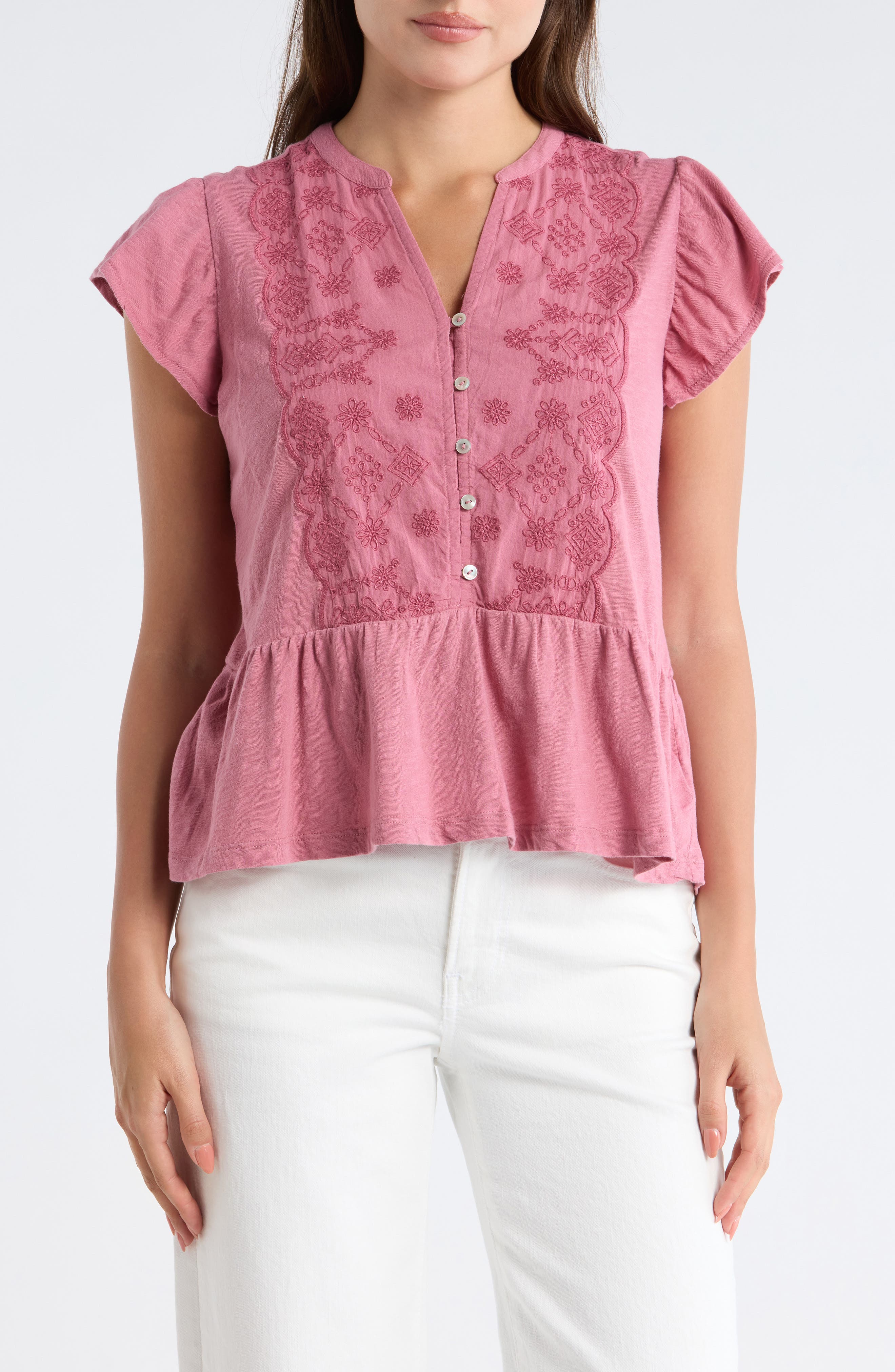 Lucky Brand Embroidered Flutter Sleeve Cotton Top
