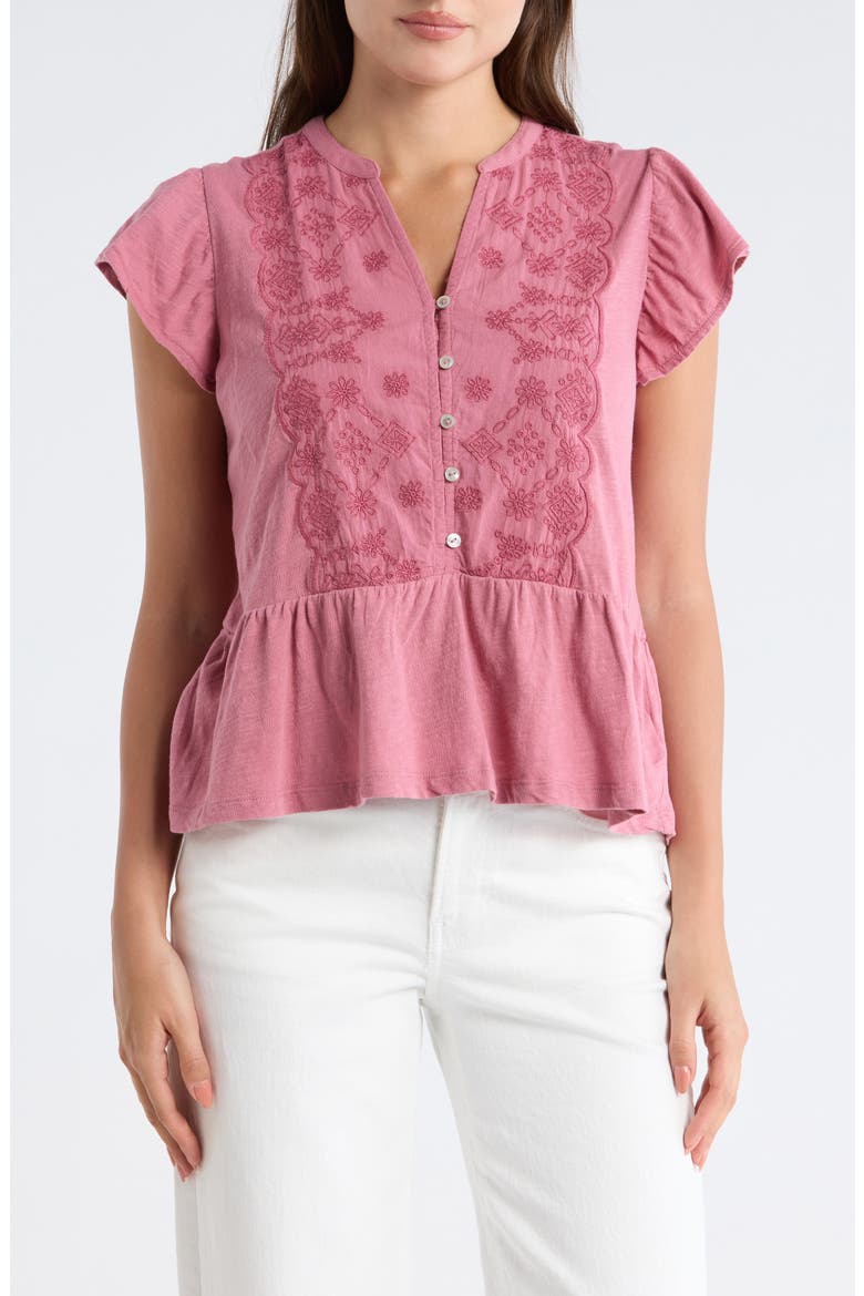 Embroidered Flutter Sleeve Cotton Top, Main, color, ROSE