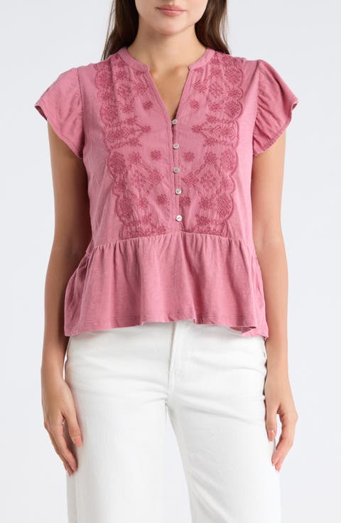 Embroidered Flutter Sleeve Cotton Top