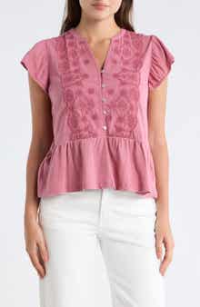 Lucky Brand Embroidered Flutter Sleeve Cotton Top
