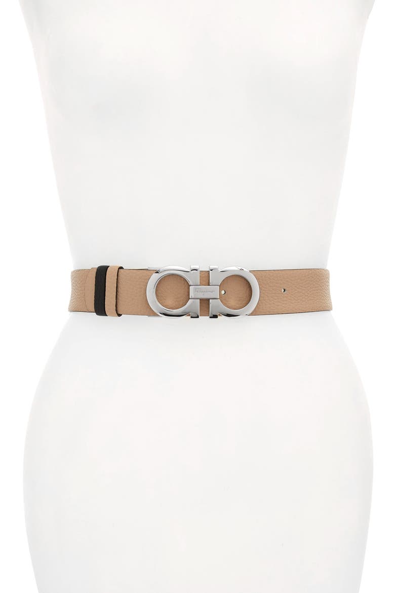 Reversible Gancini Calfskin Leather Belt, Main, color, NEW BISQUE