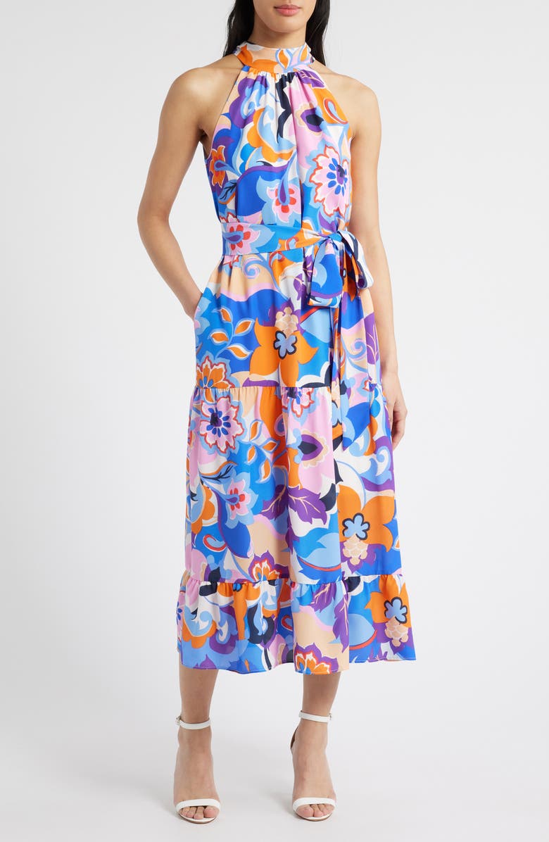 Eliza J Floral Tiered Midi Cocktail Dress, Main, color, Blue Multi
